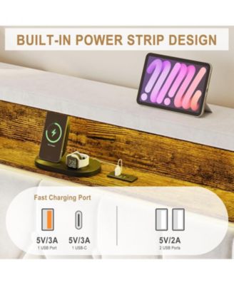 King Size Bed Frame with LED Lights and Charging Station, Velvet Upholstered Platform Bed Frame with Storage Headboard and Nailhead Trim Wingback, No Box Spring Needed/Wood Slats