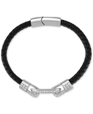 Cubic Zirconia & Braided Black Leather Bracelet in Sterling Silver, Exclusively at Macy's