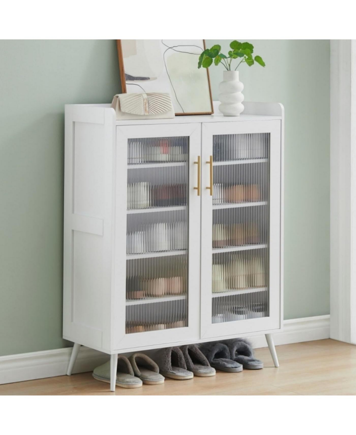 Shoe Cabinet with Glass Doors, 5-Tier Entryway Shoe Organizer Storage Rack with Large Capacity and Adjustable Shelves for Hallway, Living Room,