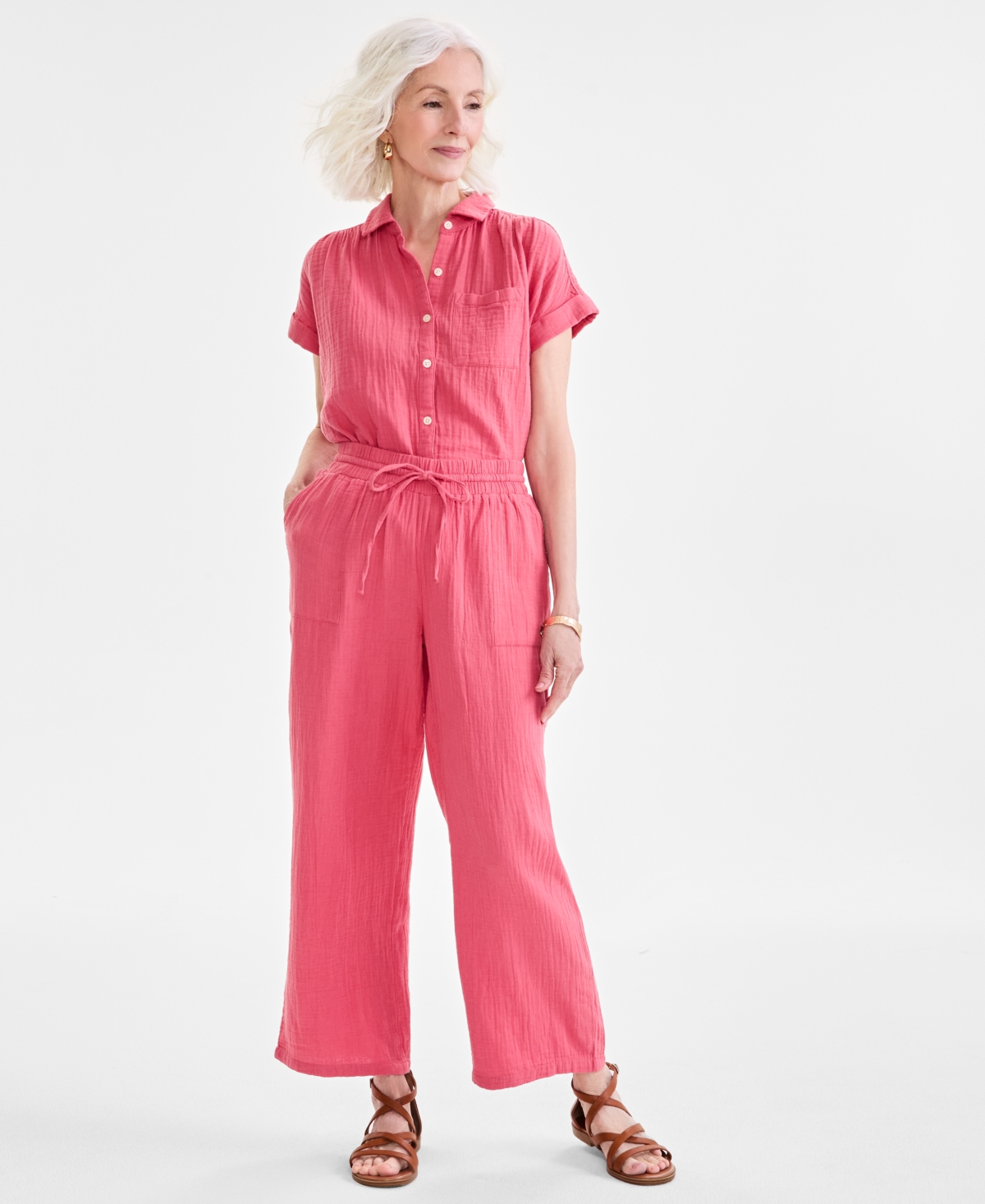 STYLE & CO WOMEN'S COTTON GAUZE WIDE-LEG PANTS, CREATED FOR MACY'S 