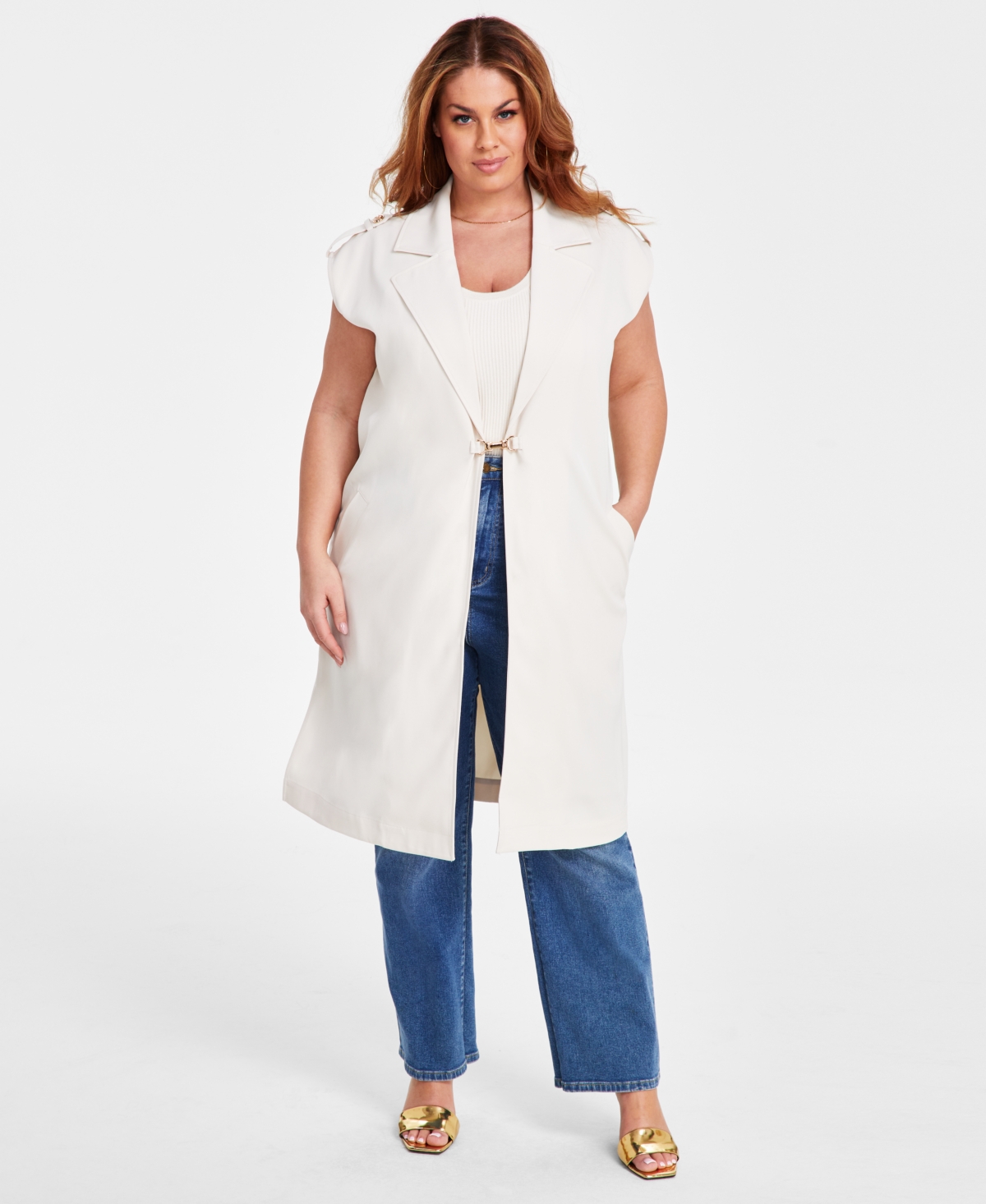 Plus Size Clasp-Front Duster Vest - Winter Oat