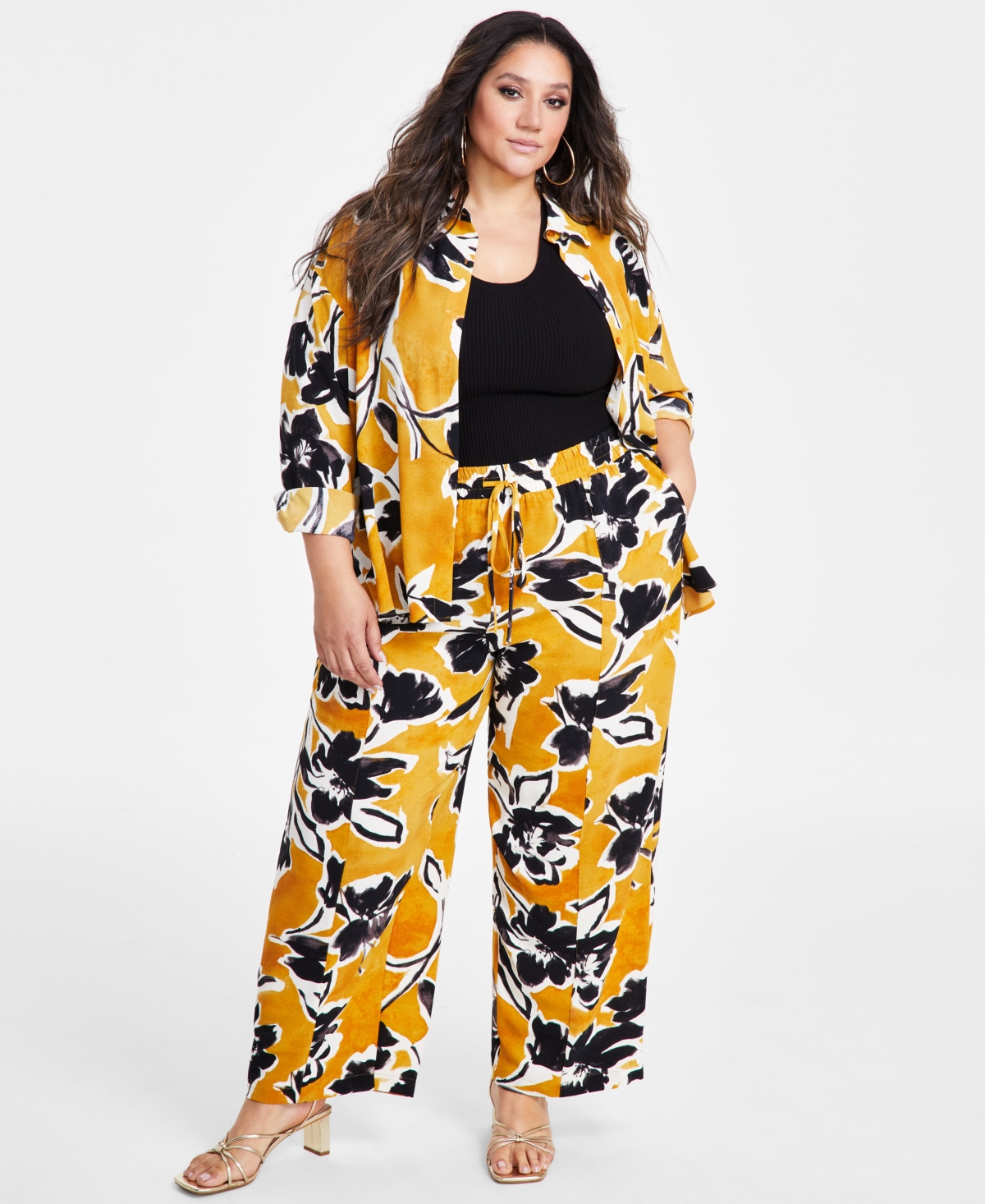 Nina Parker Plus Size Floral-Print Drawstring-Waist Pants - Yellow Flower Print