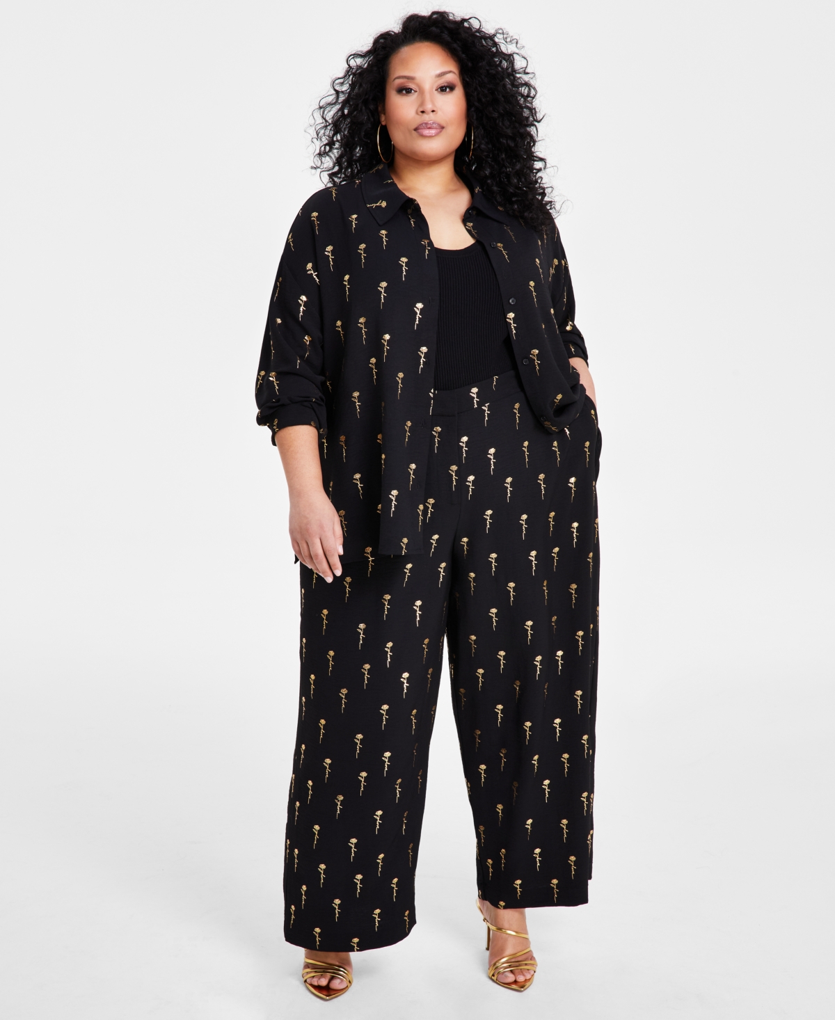 Plus Size Metallic Script-Print Pants - Black Gold Foil Rose Print