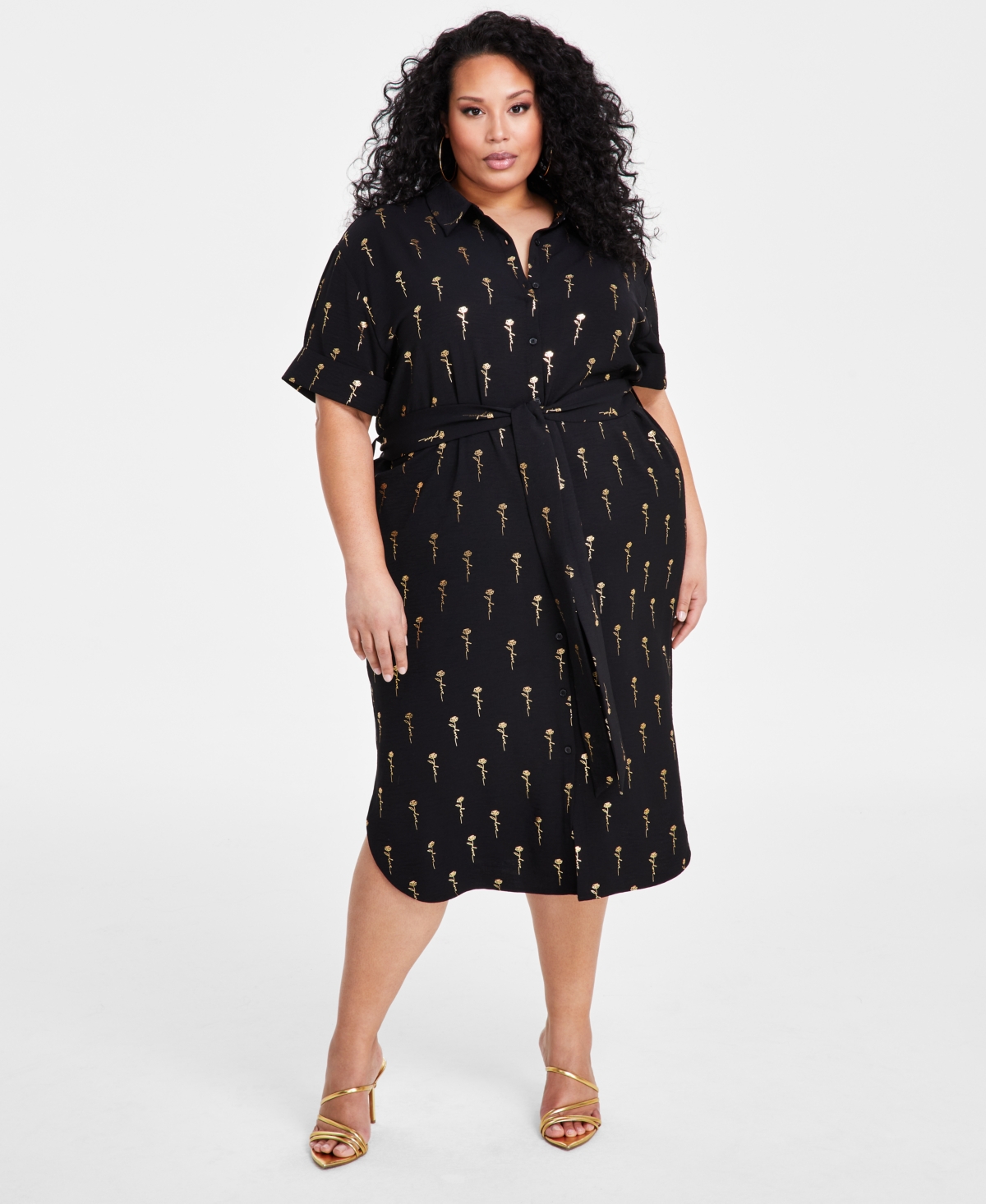 Plus Size Metallic Love-Print Belted Dress - Black Gold Foil Rose Print