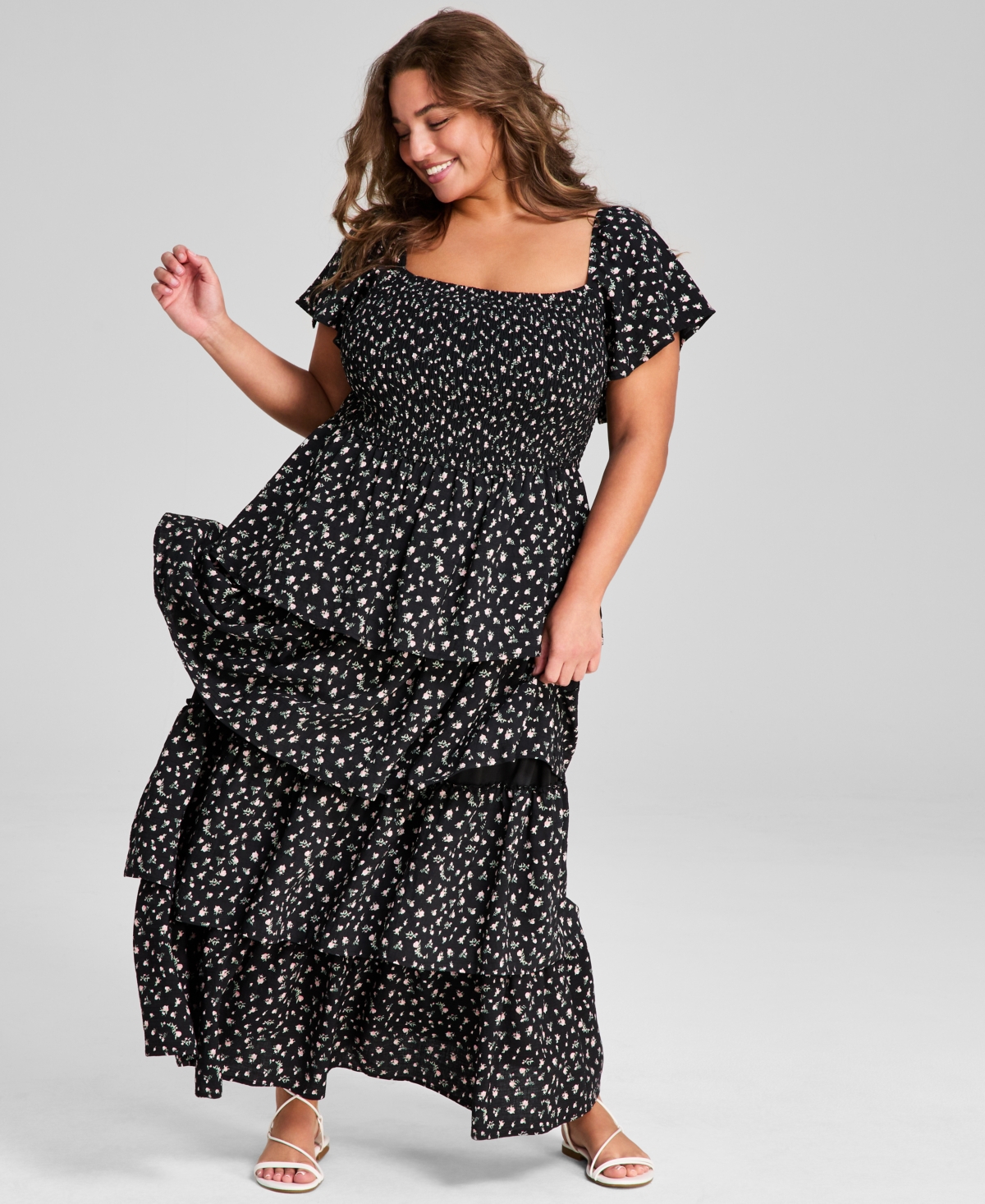 And Now This Trendy Plus Size Tiered Floral Maxi Dress, Exclusively At Macy's In Black Peach Floral