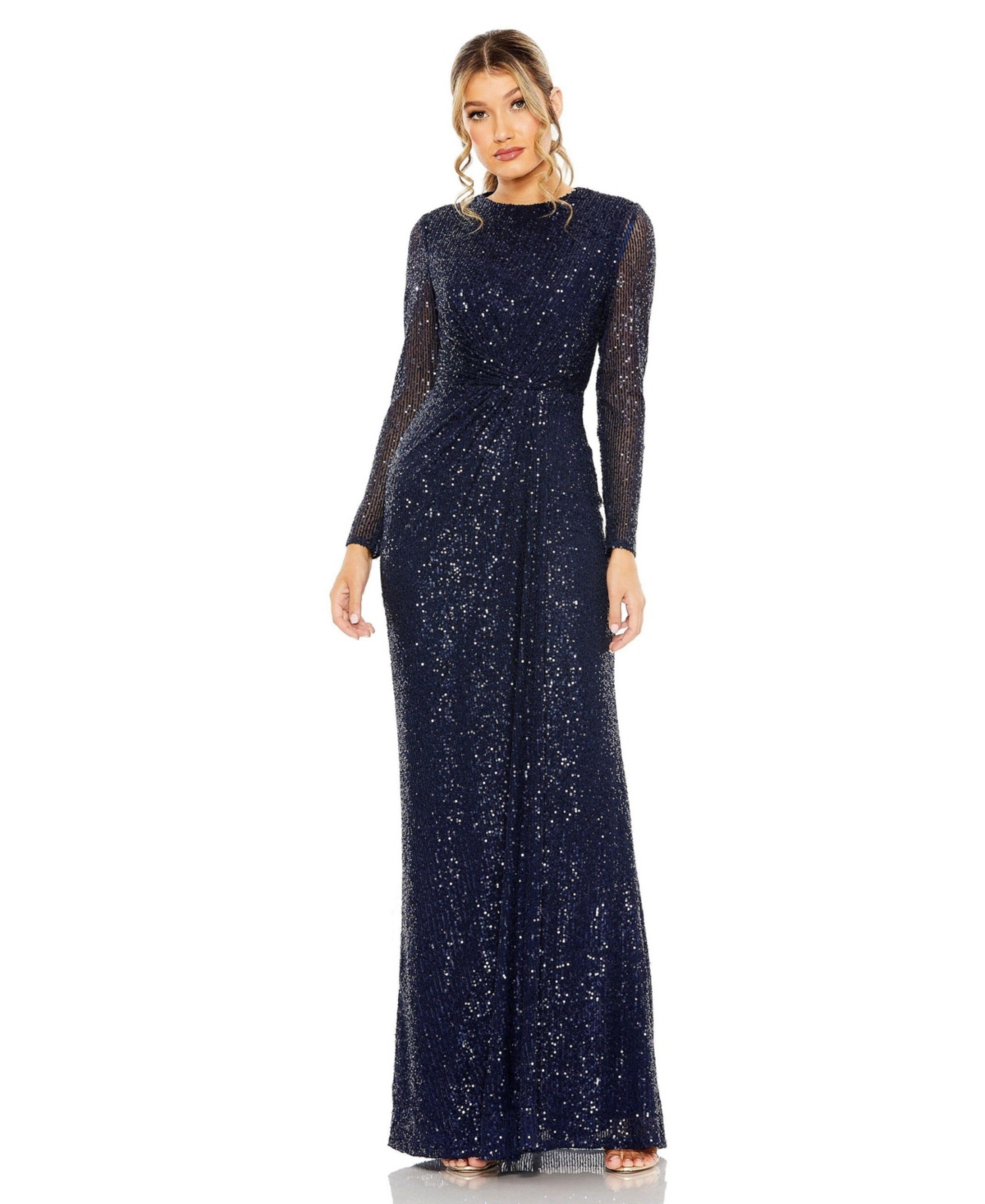 Women's Sequined Long Sleeve Side Knot Gown - Midnight