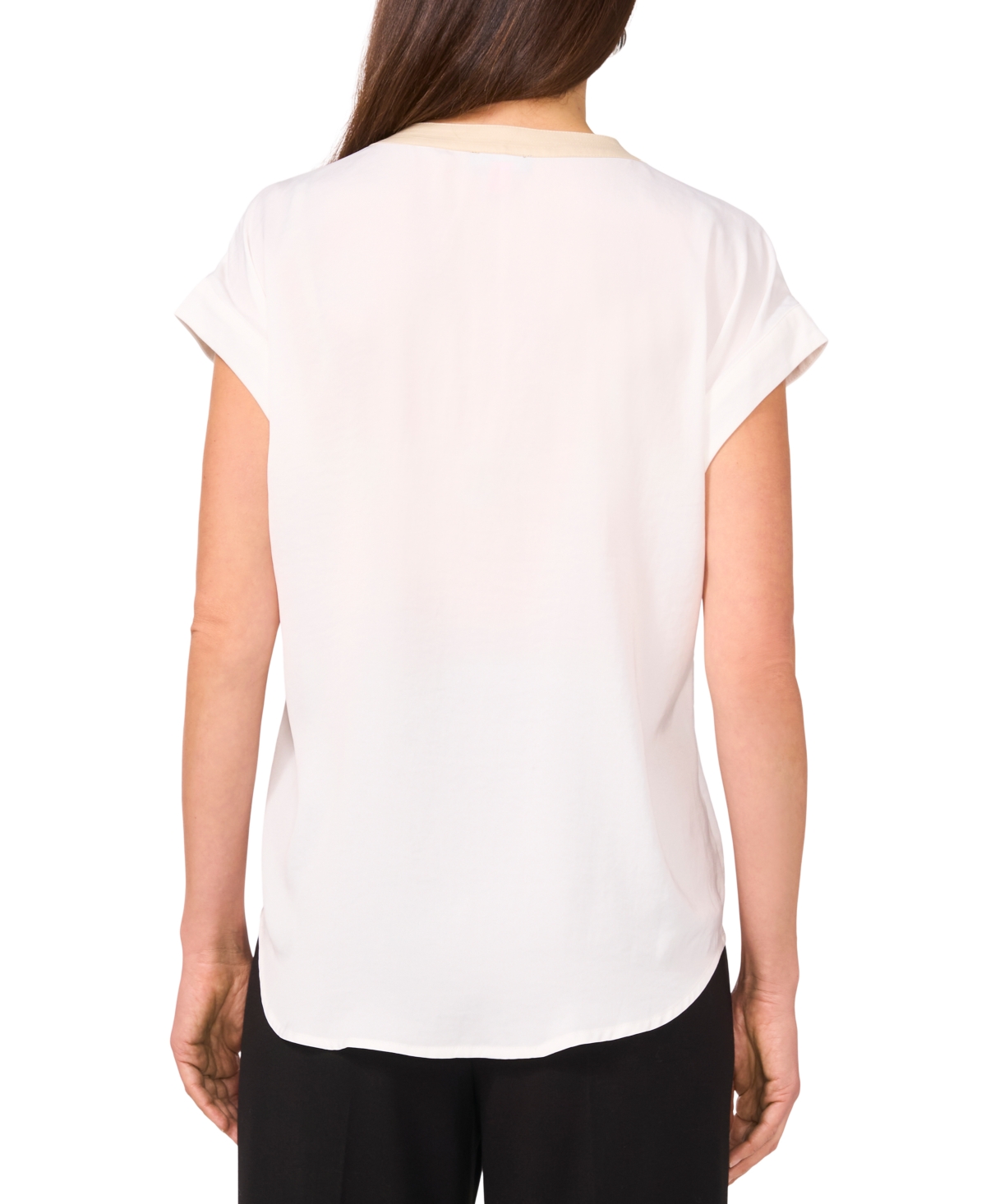 VINCE CAMUTO WOMEN'S SPLIT-NECK CONTRAST-TRIM CAP-SLEEVE TOP 
