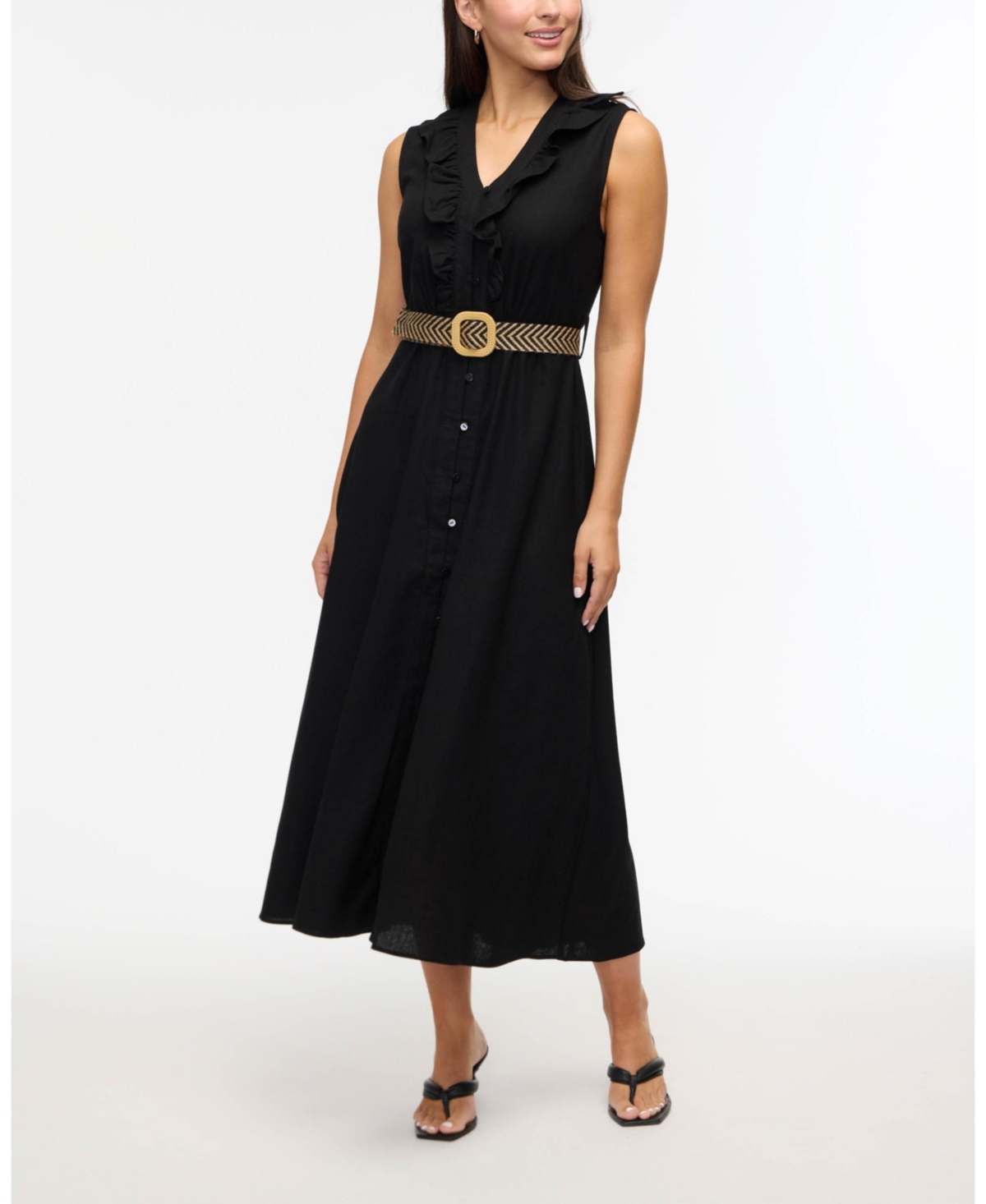 Women s Belted Sleeveless Maxi Dress with Ruffle Detail - Black