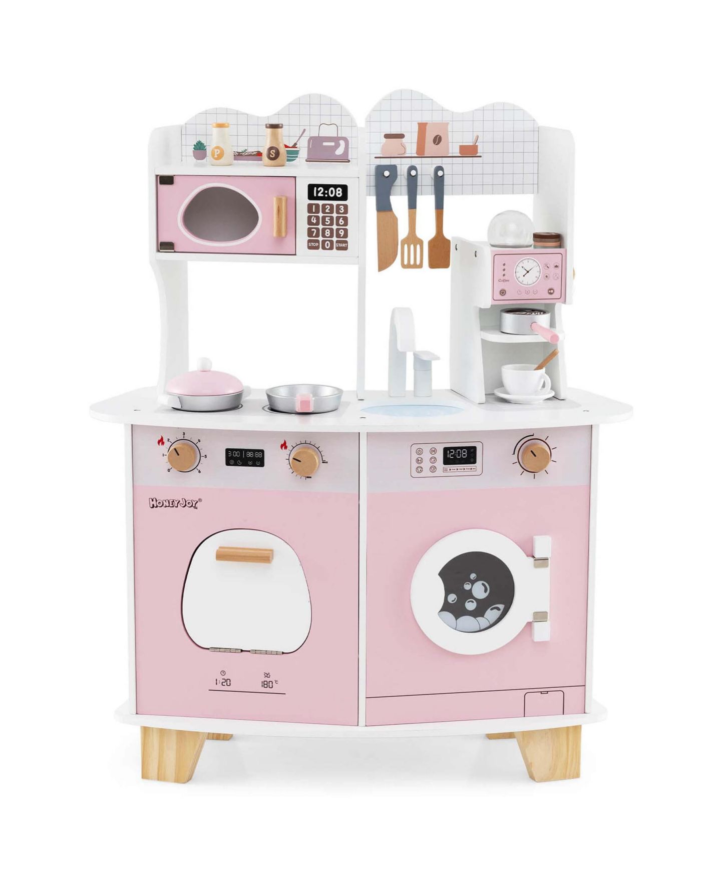 Детский игровой набор Costway Wooden Coffee Maker 1-Piece Kitchen Playset, от 3 лет, цвет: Розовый — фото 1