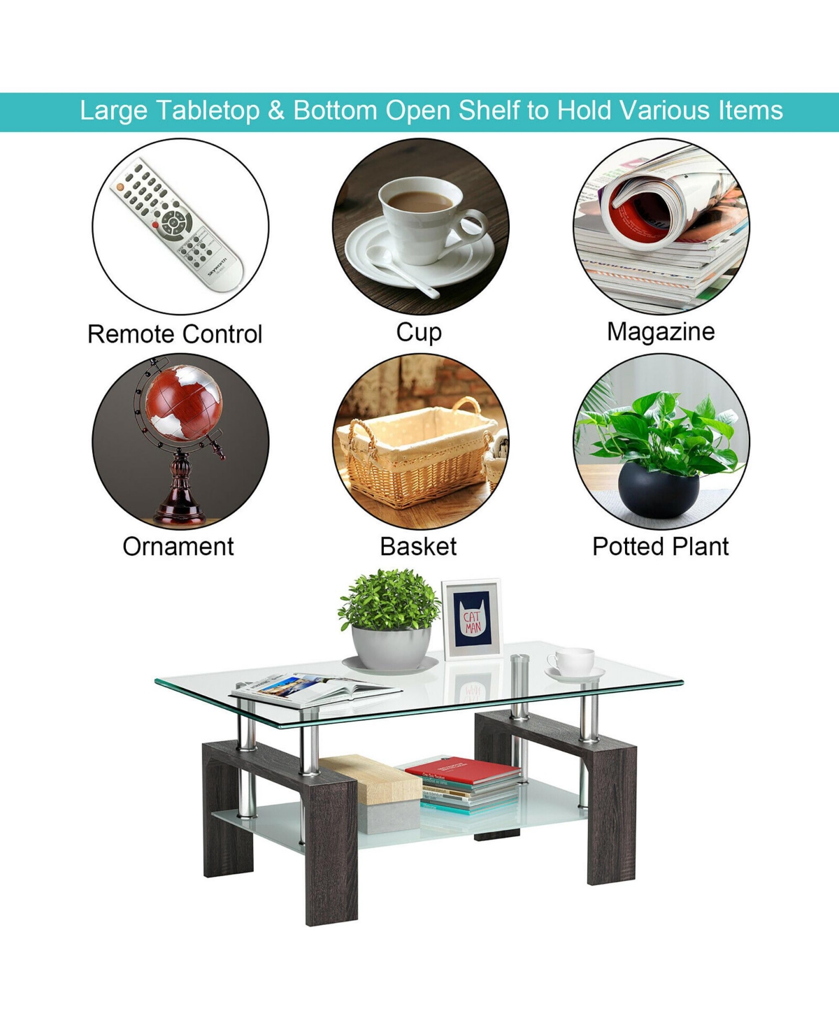 Rectangular Tempered Glass Coffee Table w/Shelf Wood