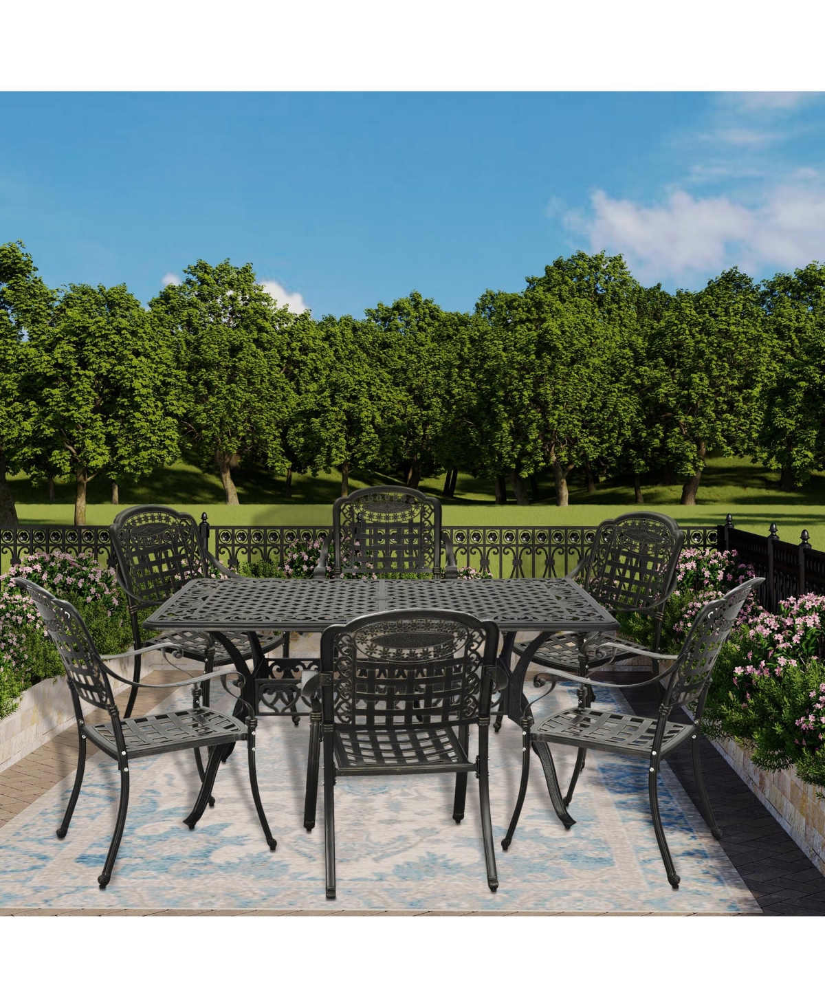 7pcs Cast Aluminium Patio Dining Set Outdoor Dining Set Patio Bistro Set 6 Outdoor Dining Chairs and 59 Inches Rectangular Dining Table for Balcony Po