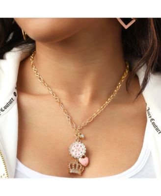 Gold-Tone Layered Charm Necklace with Pink Enamel Accents