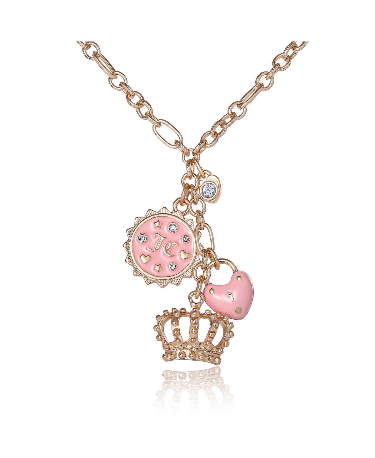 Gold-Tone Layered Charm Necklace with Pink Enamel Accents - Pink, gold tone