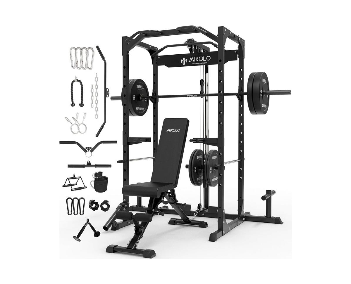 Power Cage, Power Rack with Lat Pulldown, 1200 Pounds Capacity Workout Cage with More Training Attachments, Squat Rack for Home Gym, F4 Versio