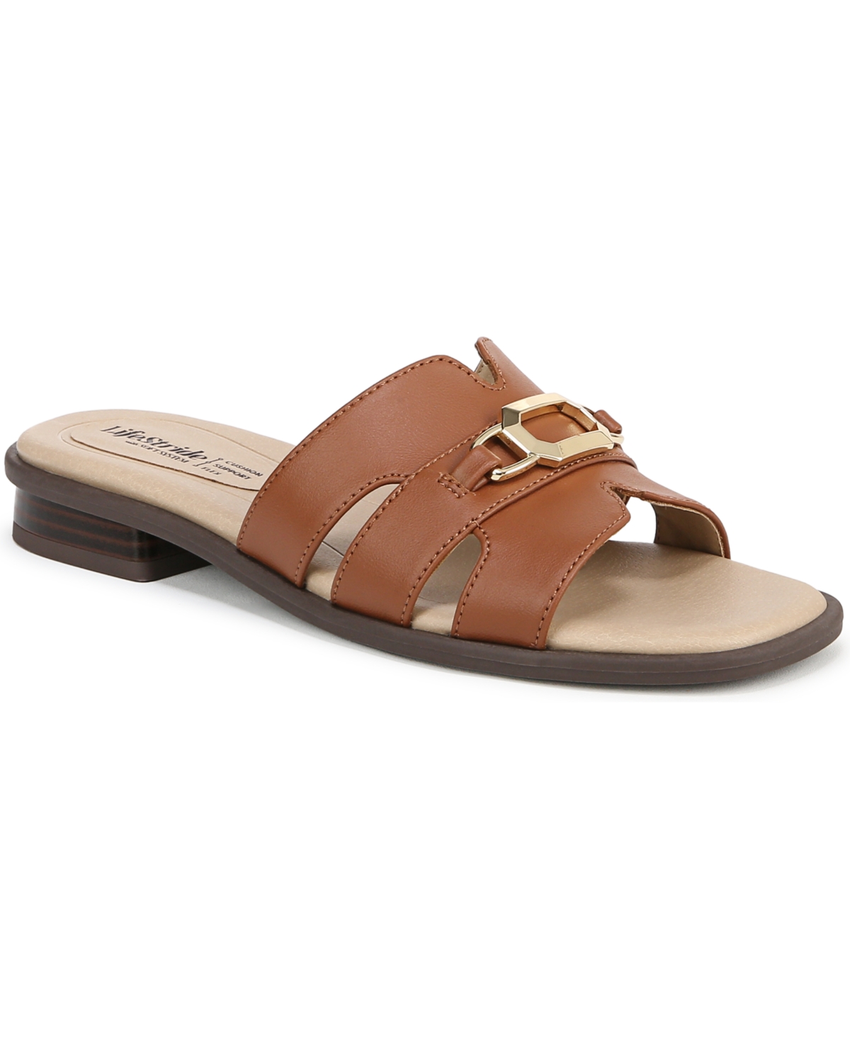 LifeStride Women's Royalty Bit Square Open Toe Slide Sandals - Tan Faux Leather