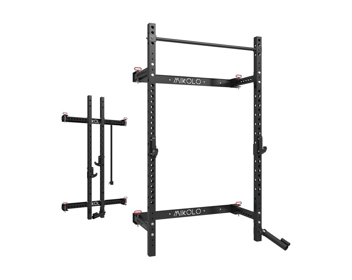 2.36" x 2.36" Folding Wall Mounted Squat Rack, 1000 Pounds Capacity Power Rack with Pull Up Bar, J Hooks, Landmine and Other Attachments, Spac