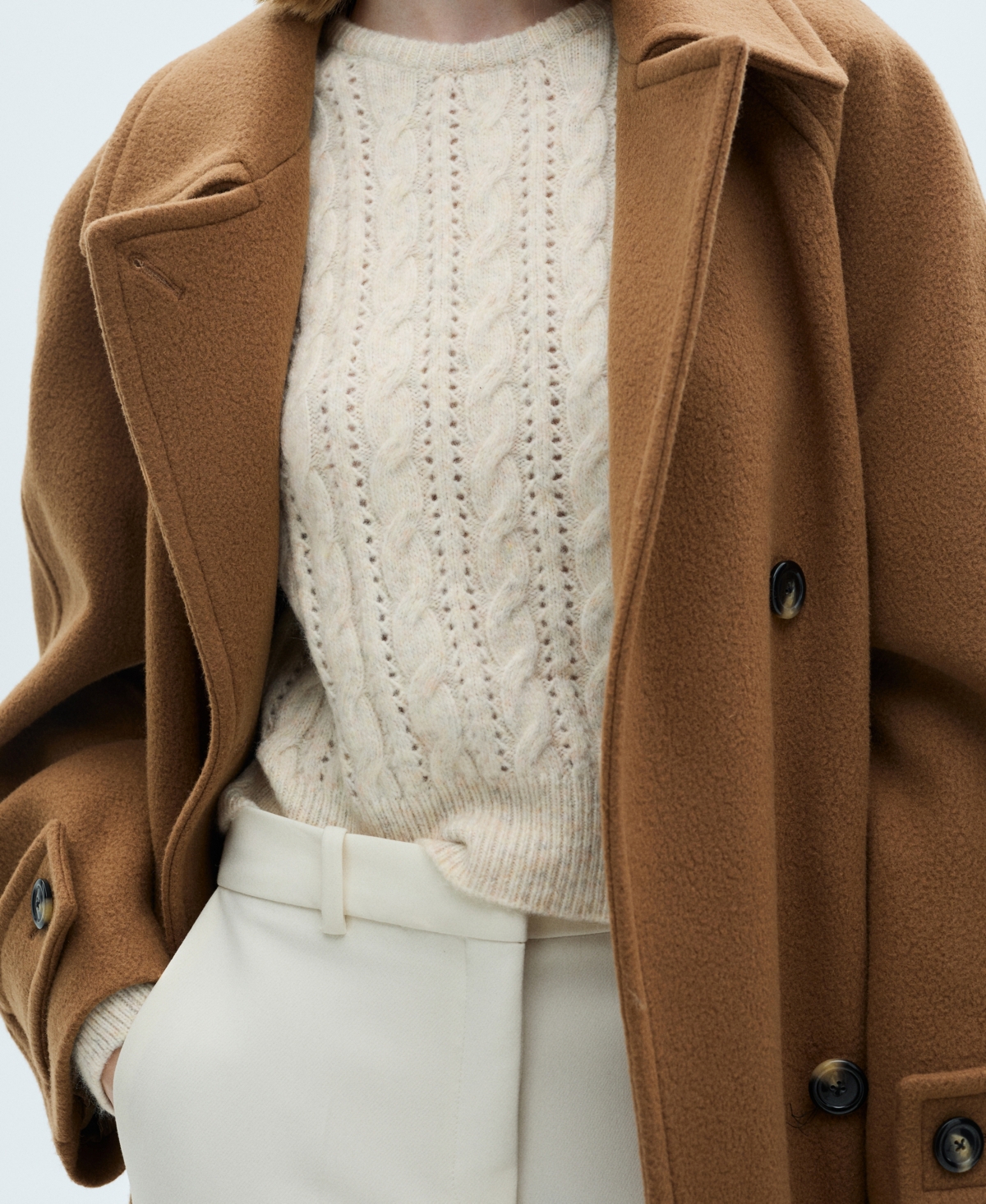 Mango Cable Knit Openwork Sweater In Ecru
