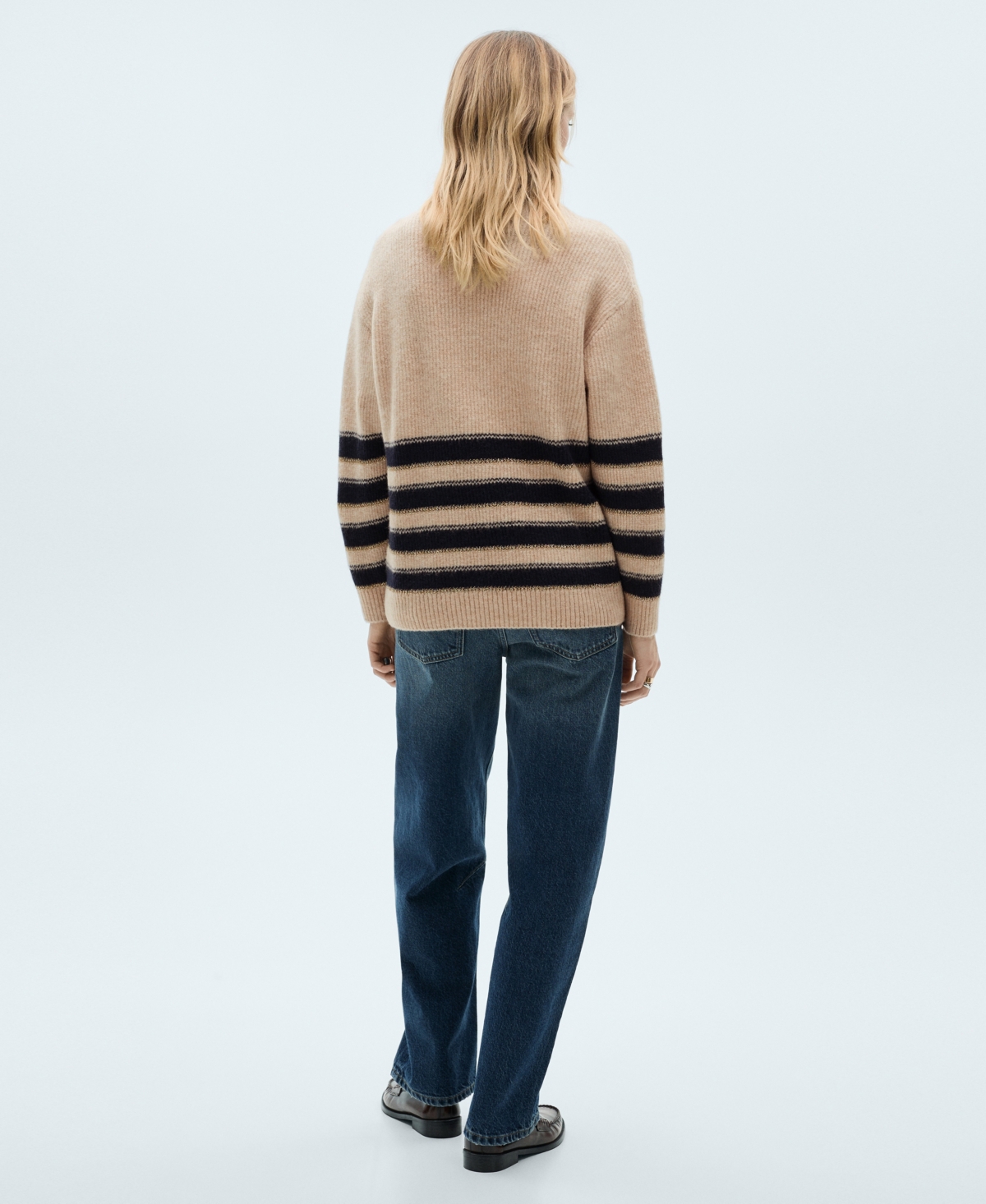 Mango Perkins-neck Striped Sweater Ecru In Ecru