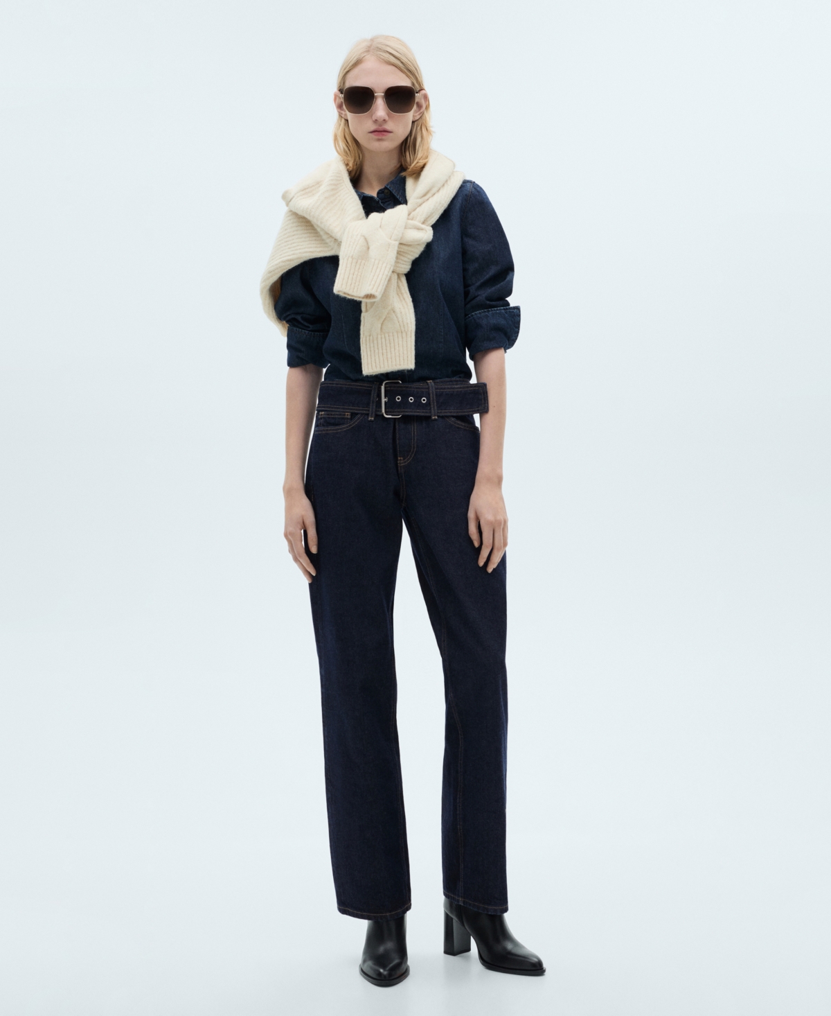 Shop Mango Women's Belted Low-rise Straight Jeans In Open Blue