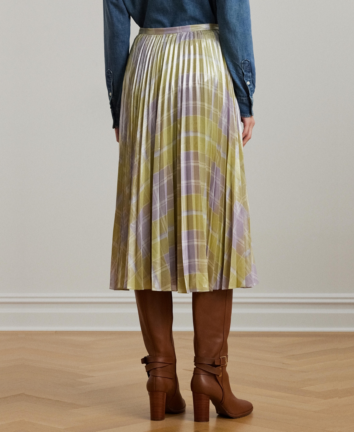 RALPH LAUREN WOMEN'S CHECKED PLAID PLEATED GEORGETTE SKIRT 