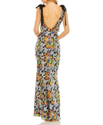 Women's Embellished Bow Strap V Neck Column Gown