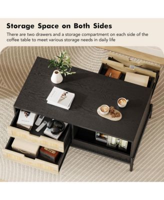 Coffee Table with LED Lights - Rectangle Open Storage Shelf Accent Center Sofa Table Modern Coffee Table with 4 Drawers Farmhouse Coffee Table for Living Room Apartment Office