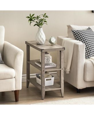 Grey Farmhouse End Table, 3 Tier Rustic Side Table, Narrow Sofa Table Set of 2 with Ample Storage Shelf, Rectangular Nightstand