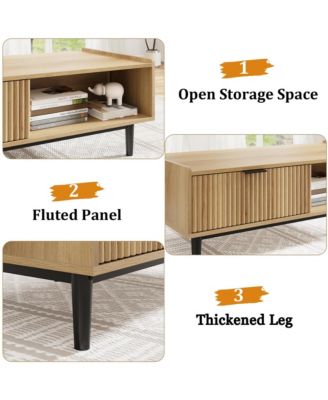 2-Tier Light Wood Coffee Table with Drawers – Fluted Accent Cocktail Table