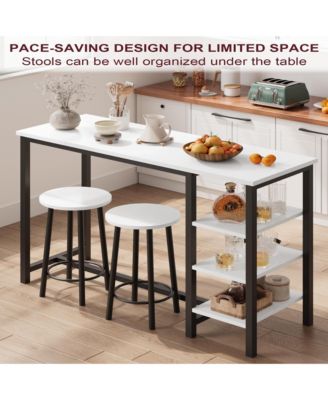 Bar Table and Stools for 2 with 3 Storage Shelves, Modern White Faux Marble Table with 2 PU Cushion Bar Stools