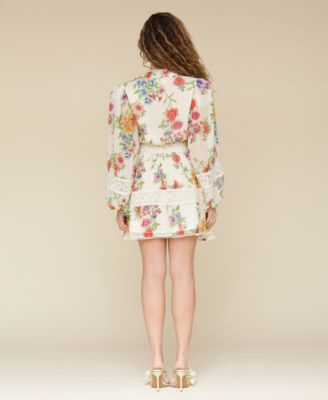 Women's Floral-Print Lace-Trim Chiffon Dress