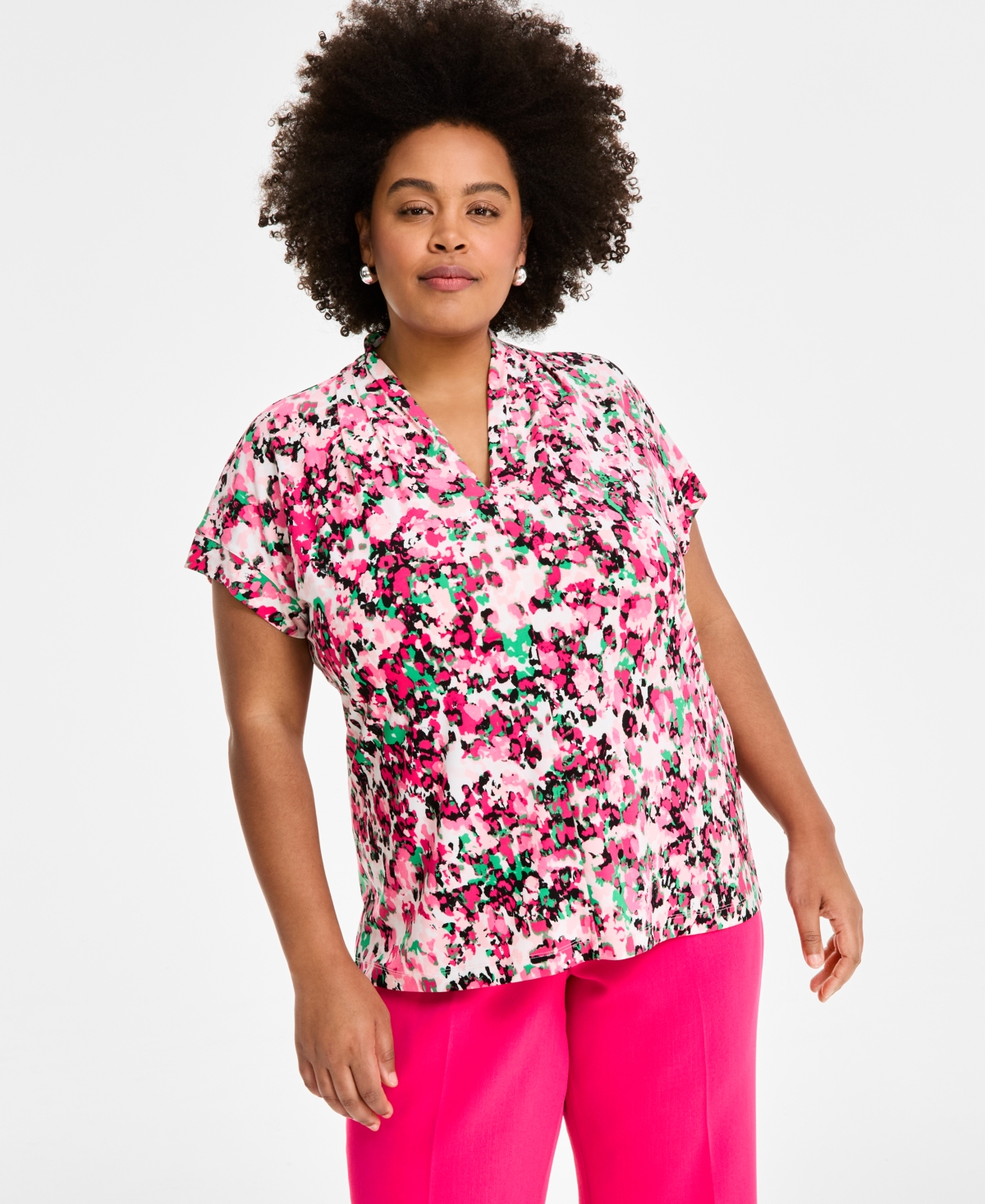 Plus Size Printed V-Neck Cap-Sleeve Blouse - Pink Perfection Multi