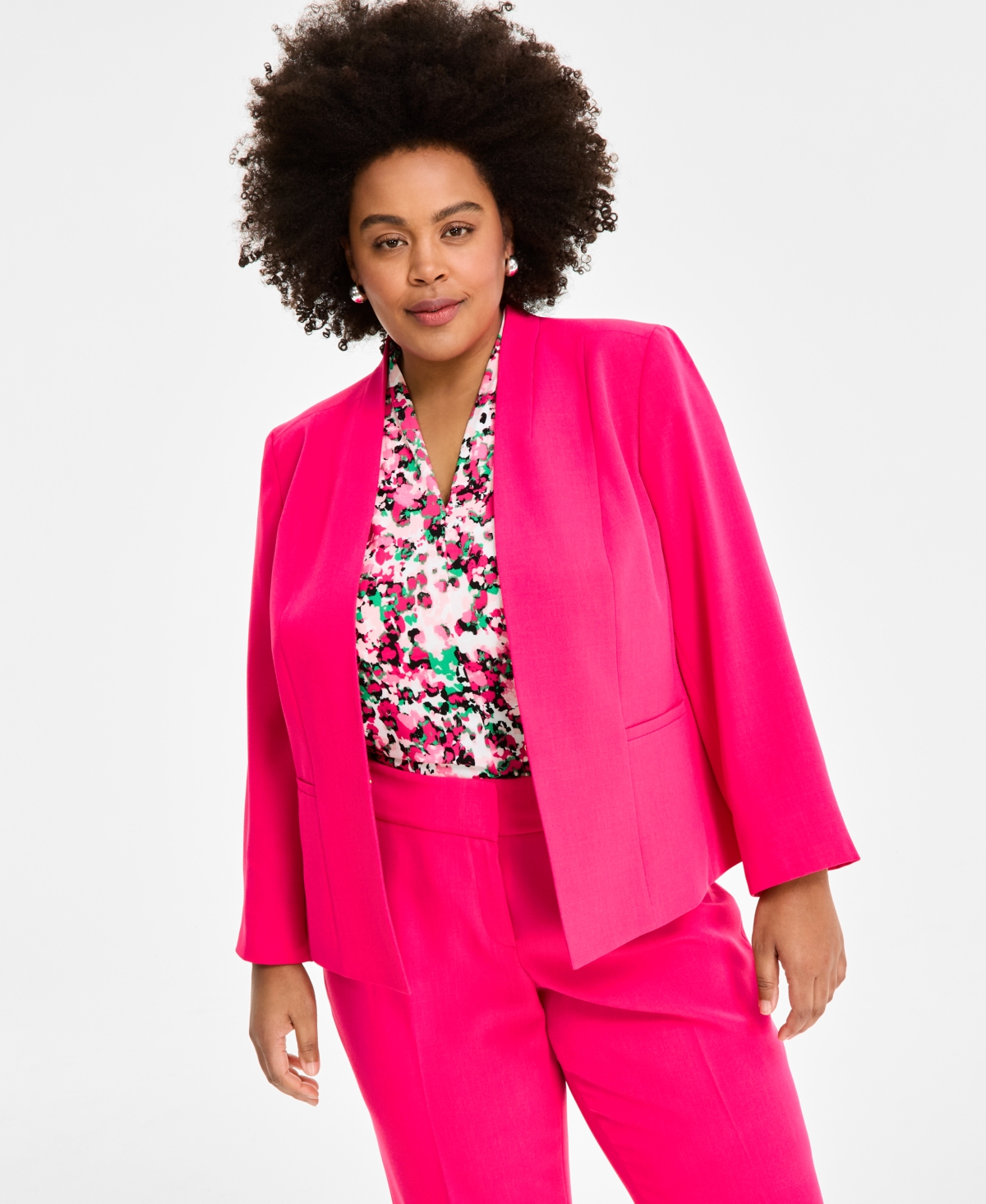 Plus Size Kiss-Front Long-Sleeve Blazer - Pink Perfection