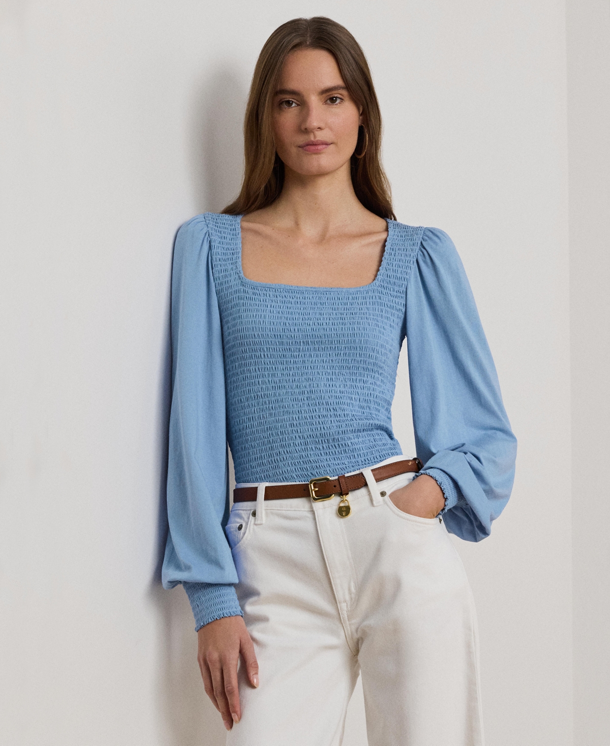 Shop Ralph Lauren Women's Smocked Jersey Blouson-sleeve Top In Sky Blue