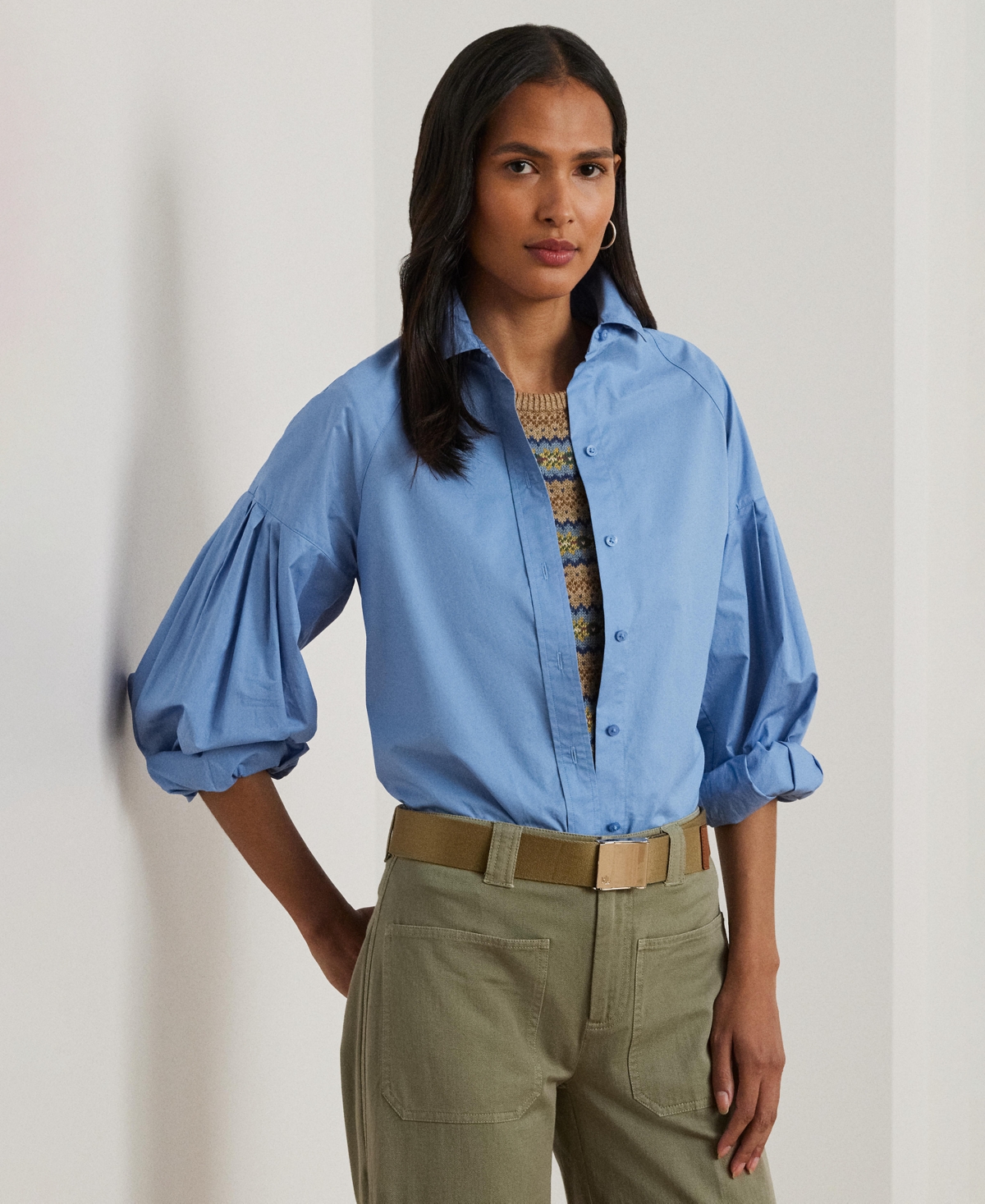 Ralph Lauren Cotton Poplin Blouson-sleeve Shirt In Sky Blue