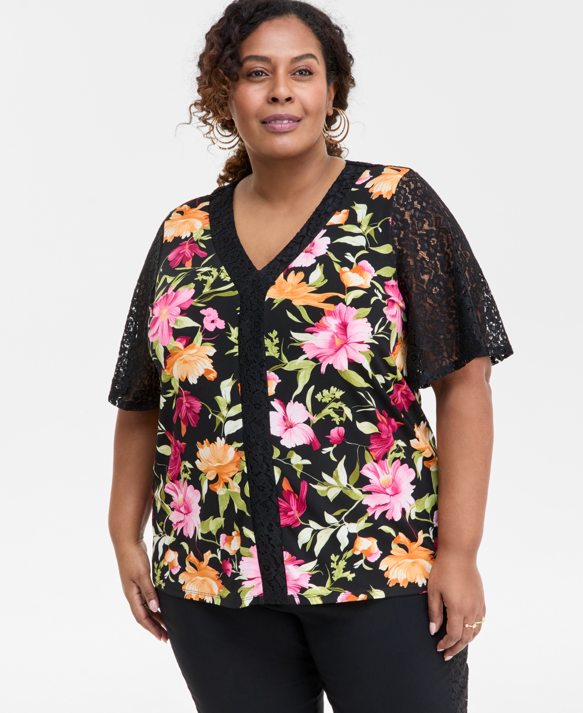 Plus Size Printed Lace-Trimmed Top, Exclusively at Macy's - Eggnog Combo