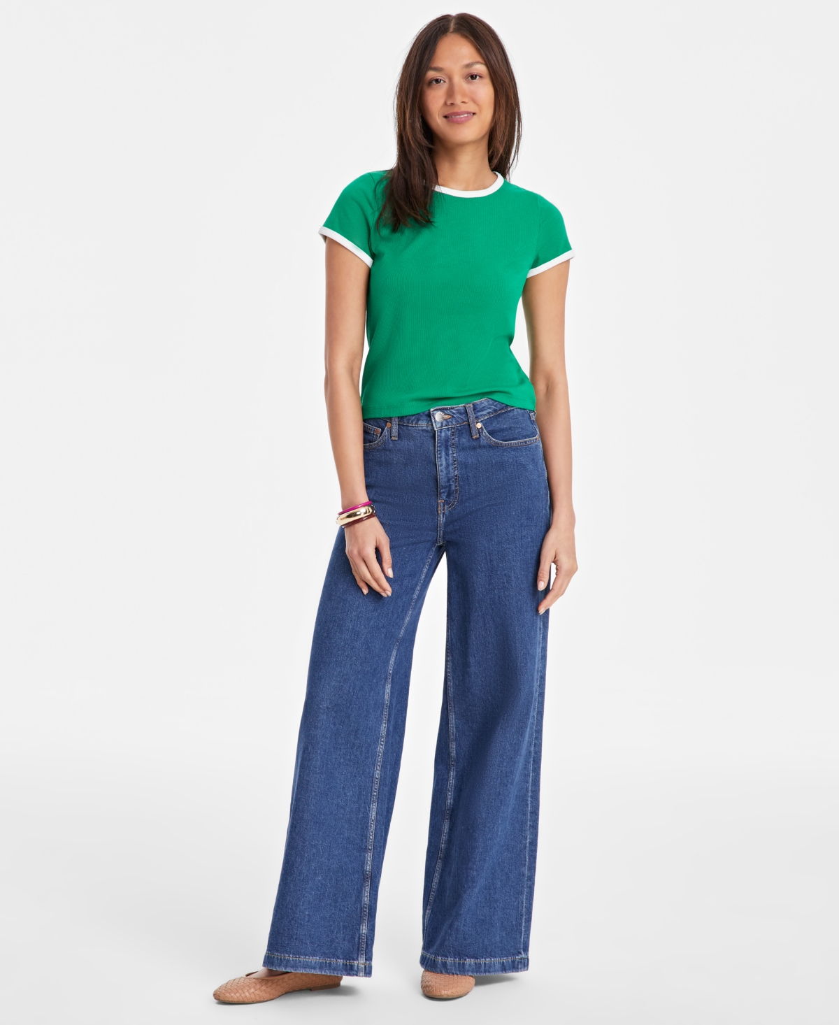 On 34th Women's Tipped Crewneck Short-sleeve T-shirt, Exclusively At Macy's In Bright Pine
