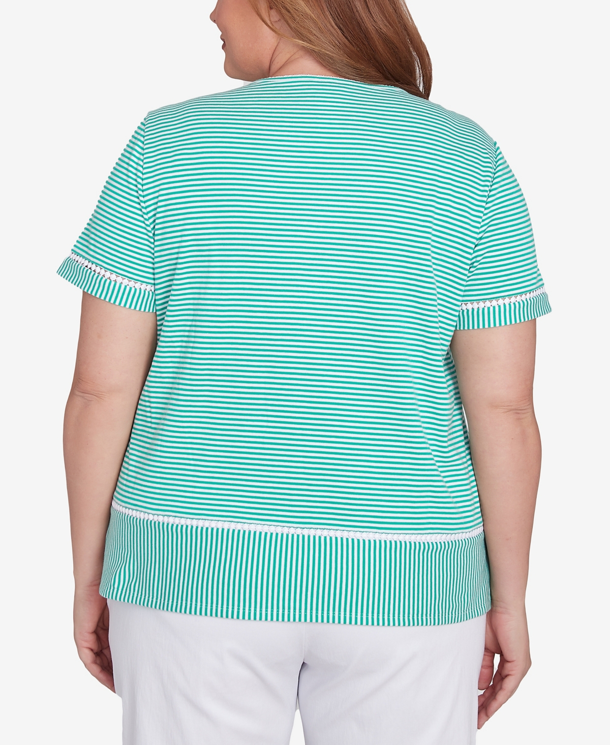 Alfred Dunner Plus Size Classic Owl Knit Striped Tee In Jade