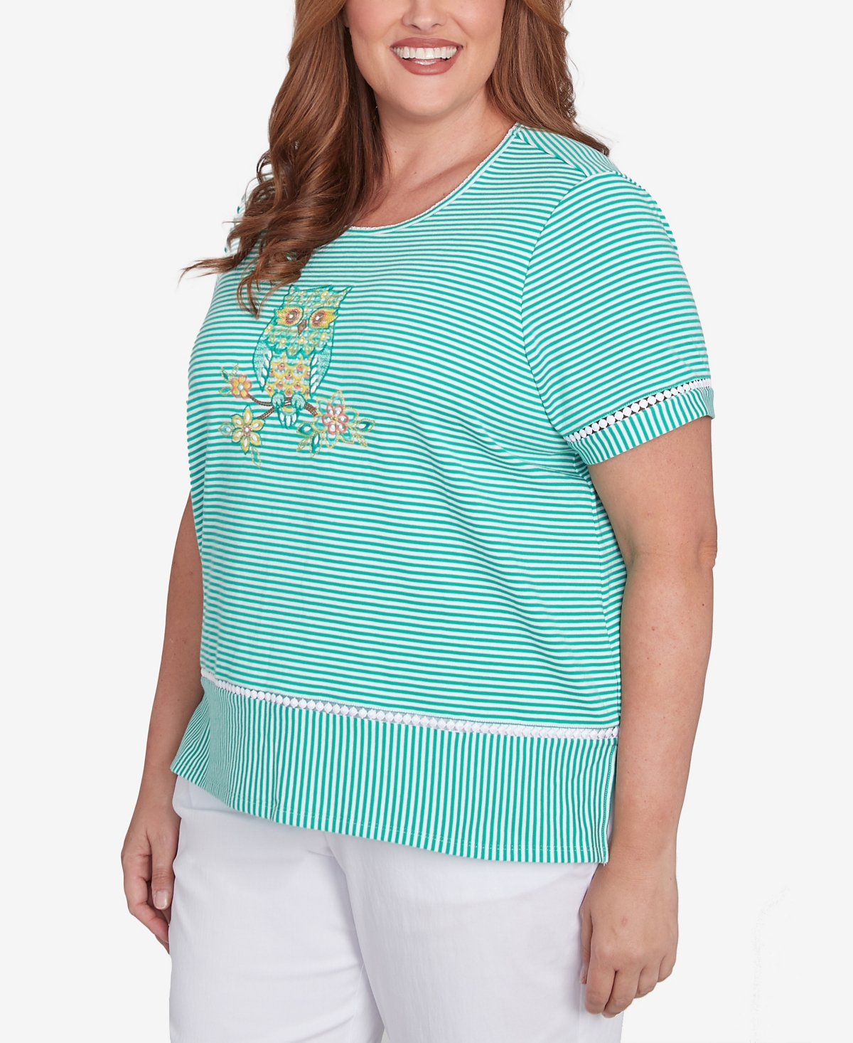 Alfred Dunner Plus Size Classic Owl Knit Striped Tee In Jade