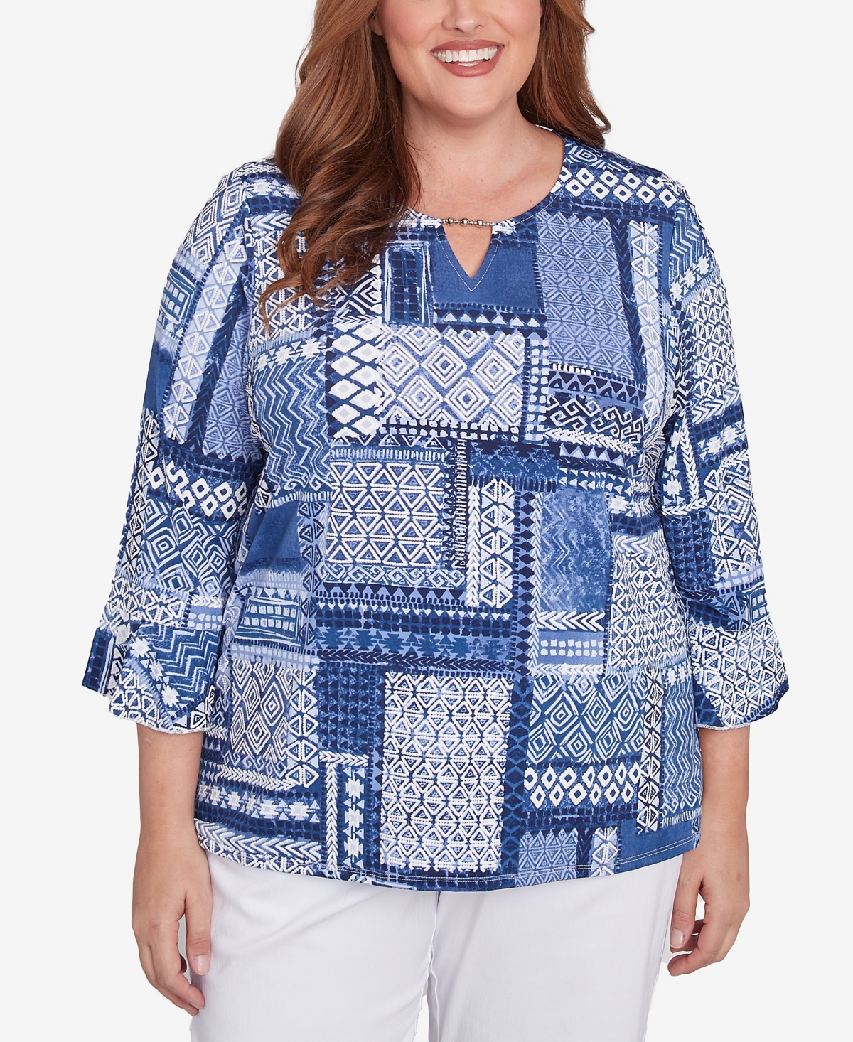 Plus Size Classic Beaded Split Neck Patchwork Top - Denim