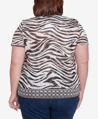 Plus Size Beaded Split Neck Animal Print Top