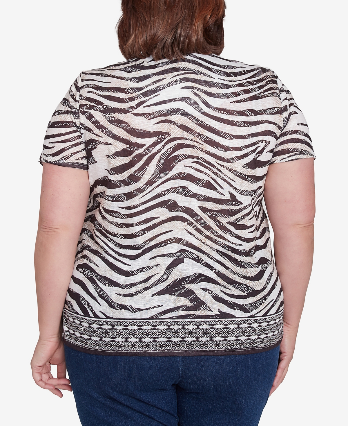 Alfred Dunner Plus Size Beaded Split Neck Animal Print Top In Black,tan