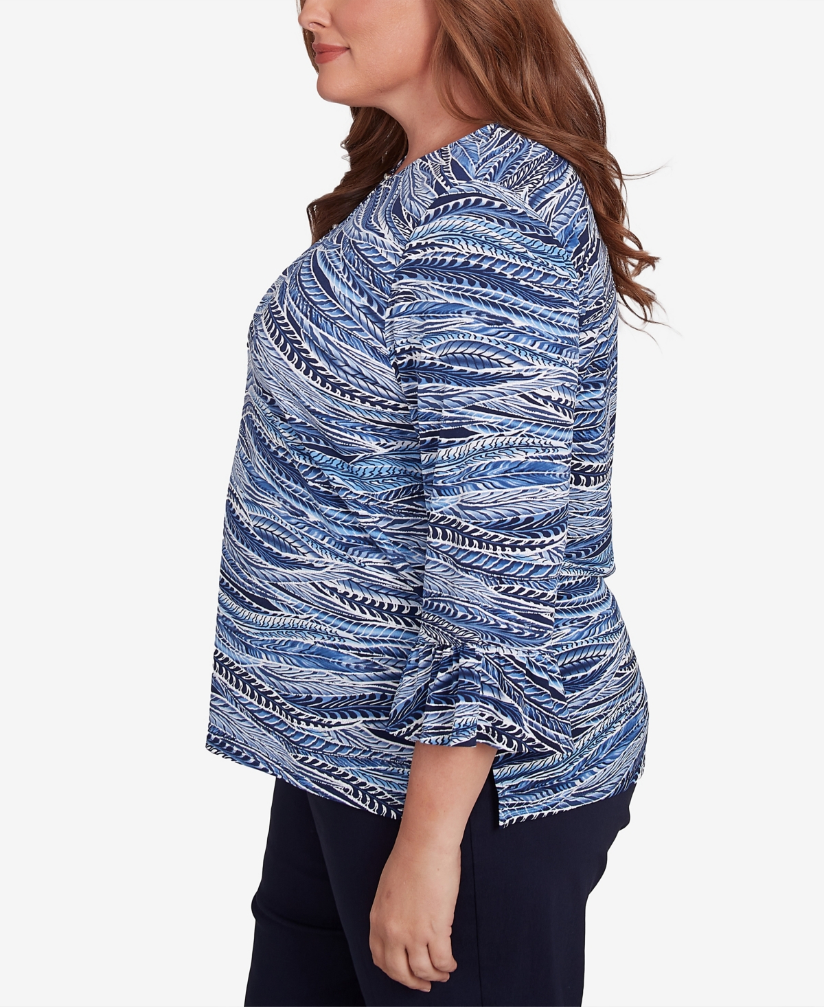 Alfred Dunner Plus Size Classic Beaded Split Neck Feathers Top In Navy