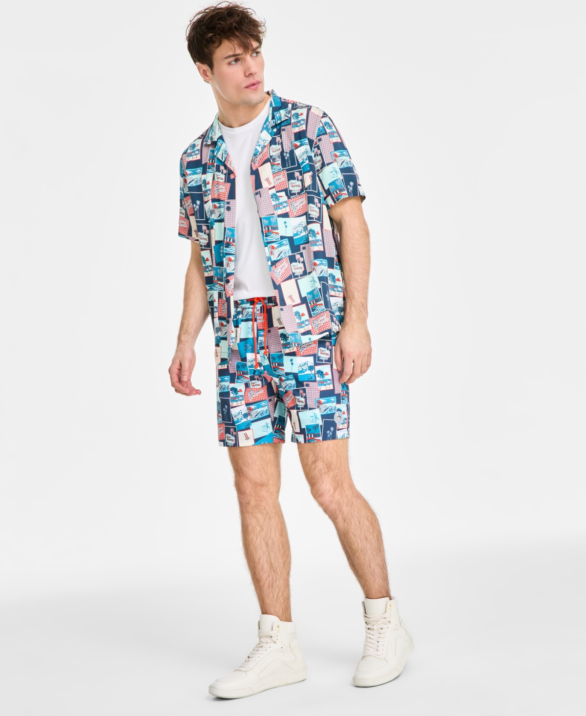 Original Penguin 7 Volley All Over Print Postcard Swim Trunk In Blue