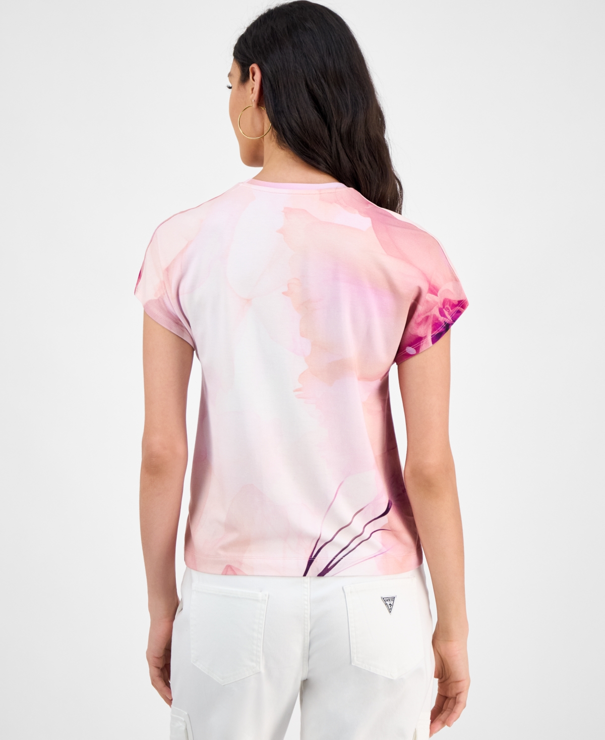 GUESS WOMEN'S FLUTTER-SLEEVE EMBELLISHED LOGO T-SHIRT 