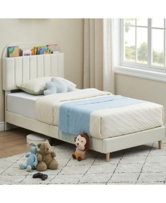 Twin Bed Frames, Upholstered Platform Bed Frame with Bookcase Headboard, Velvet Platform Bed Mattress Foundation