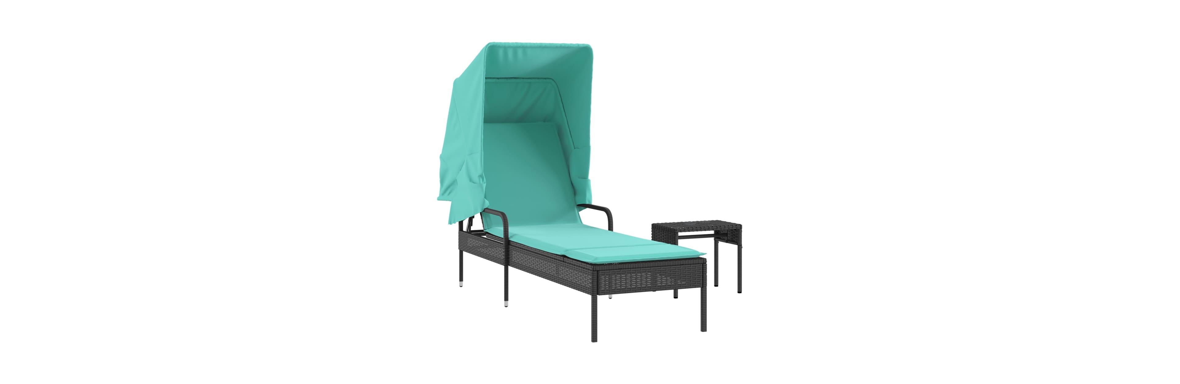 Sun Lounger with Canopy and Table Black Poly Rattan