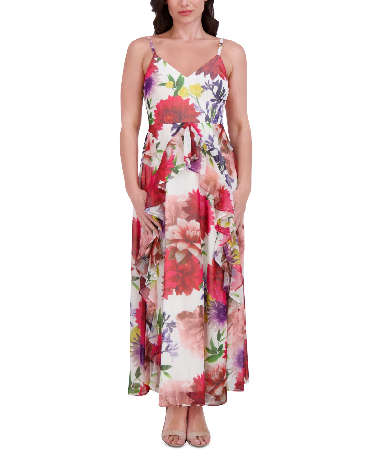 Women's Floral-Print Ruffle-Trim Maxi Dress - Blue Multi