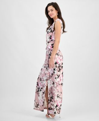 Women's Floral Print Draped Sleeveless Gown