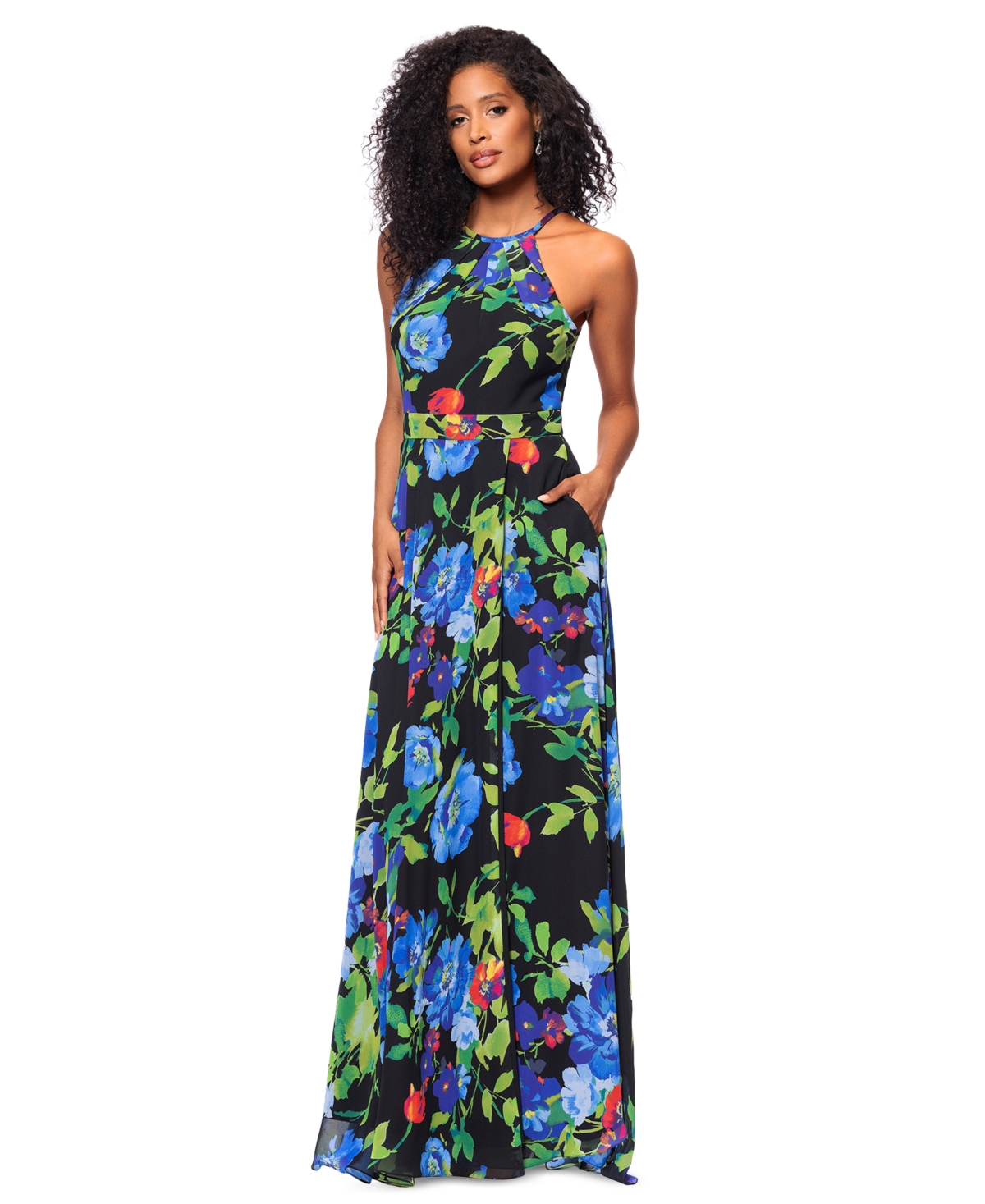 BETSY & ADAM BETSY & ADAM WOMEN'S PRINTED CHIFFON HALTER-NECK GOWN 