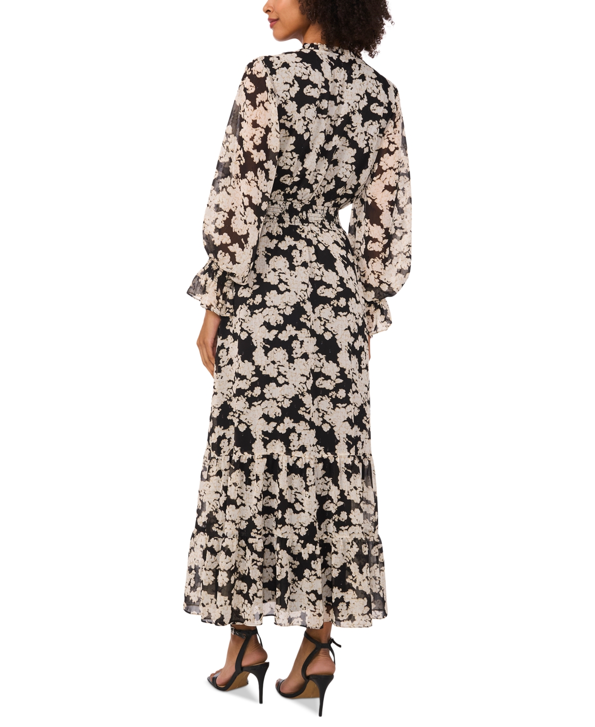 Shop Vince Camuto Women's Floral-print Smocked-cuff Maxi Dress In Rich Black